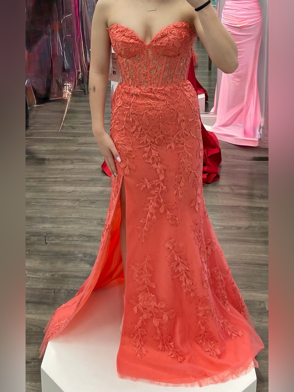 Sherri Hill Coral Lace Appliqué Prom Gown with Corset Bodice